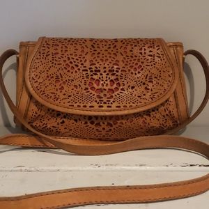 Lucky Brand tan laser cut leather crossbody purse